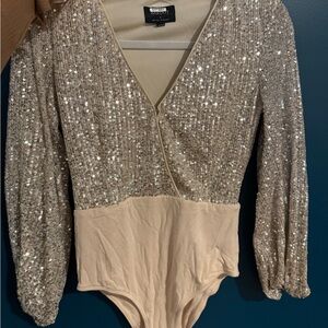 Bardot Cream and Silver Sequin Bodysuit
